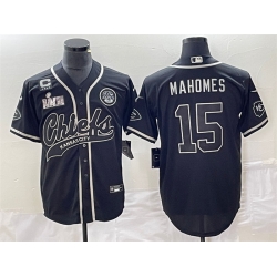 Men Kansas City Chiefs 15 Patrick Mahomes Black With 4 Star C Patch And Super Bowl LVII Patch Cool Bae Stitched Baseball Jersey