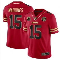 Men Kansas City Chiefs 15 Patrick Mahomes Red Gold With C Patch Stitched Football Jersey