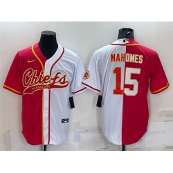 Men Kansas City Chiefs 15 Patrick Mahomes Red White Split With Patch Cool Base Stitched Baseball Jersey