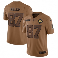 Men   Kansas City Chiefs 87 Travis Kelce 2023 Brown Salute To Service Limited Stitched Jersey