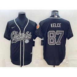 Men Kansas City Chiefs 87 Travis Kelce Black Reflective With Patch Cool Base Stitched Baseball Jersey