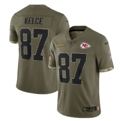 Men Kansas City Chiefs 87 Travis Kelce Olive 2022 Salute To Service Limited Stitched Jersey