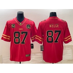 Men Kansas City Chiefs 87 Travis Kelce Red Gold 4 Star C Patch Vapor Untouchable Limited Stitched Jersey