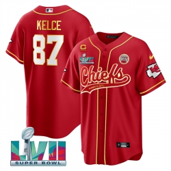 Men   Kansas City Chiefs 87 Travis Kelce Red With 4 Star C Patch And Super Bowl LVII Patch Cool Bae Stitched Baseball Jersey