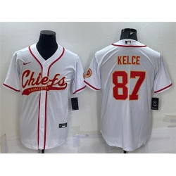 Men Kansas City Chiefs 87 Travis Kelce White With Patch Cool Base Stitched Baseball Jersey