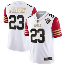 Men San Francisco 49ers 23 Christian McCaffrey White Red With 75th Anniversary Patch Stitched Jersey