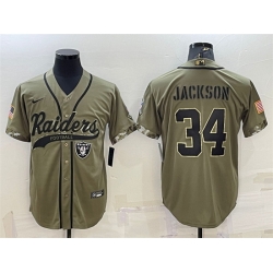 Men Las Vegas Raiders 34 Bo Jackson 2022 Olive Salute To Service Cool Base Stitched Baseball Jersey