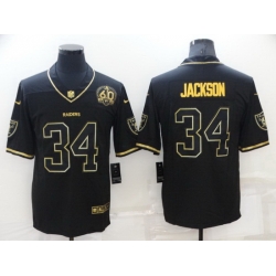 Men Las Vegas Raiders 34 Bo Jackson Black Gold With 60th Anniversary Patch Vapor Limited Stitched jersey