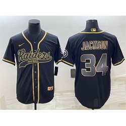 Men Las Vegas Raiders 34 Bo Jackson Black Gold With Patch Cool Base Stitched Baseball Jersey