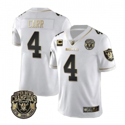 Men Las Vegas Raiders 4 Derek Carr White Gold With Champions Patch  26 C Patch Limited Stitched Jersey