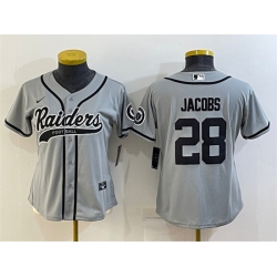 Women Las Vegas Raiders 28 Josh Jacobs Grey With Patch Cool Base Stitched Baseball Jersey