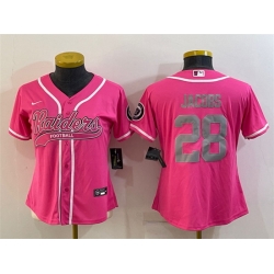 Women Las Vegas Raiders 28 Josh Jacobs Pink Silver With Patch Cool Base Stitched Baseball Jersey