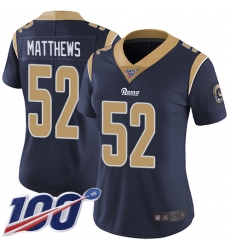 Women Rams 52 Clay Matthews Navy Blue Team Color Stitched Football 100th Season Vapor Limited Jersey