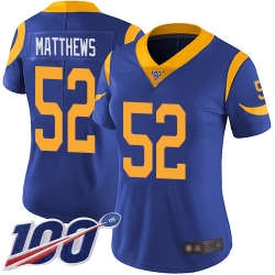 Women Rams 52 Clay Matthews Royal Blue Alternate Stitched Football 100th Season Vapor Limited Jersey