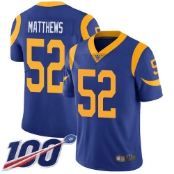 Youth Rams 52 Clay Matthews Royal Blue Alternate Stitched Football 100th Season Vapor Limited Jersey