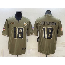 Men Minnesota Vikings 18 Justin Jefferson Olive 2022 Salute To Service Limited Stitched Jersey