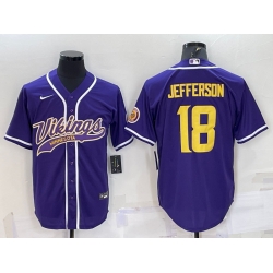 Men Minnesota Vikings 18 Justin Jefferson Purple Gold With Patch Cool Base Stitched Baseball Jersey