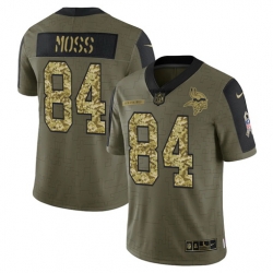 Men Minnesota Vikings 84 Randy Moss 2021 Salute To Service Olive Camo Limited Stitched Jersey