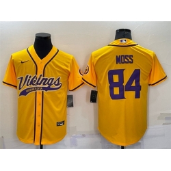 Men Minnesota Vikings 84 Randy Moss Gold With Patch Cool Base Stitched Baseball Jersey