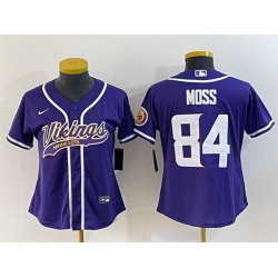Women Minnesota Vikings 84 Randy Moss Purple With Patch Cool Base Stitched Baseball Jersey  Run Small