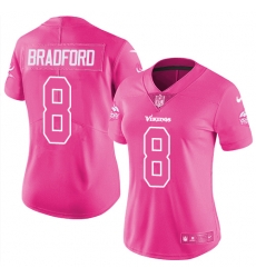 Womens Nike Vikings #8 Sam Bradford Pink  Stitched NFL Limited Rush Fashion Jersey
