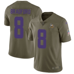 Youth Nike Vikings #8 Sam Bradford Olive Stitched NFL Limited 2017 Salute to Service Jersey