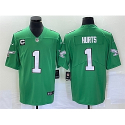 Men Philadelphia Eagles 1 Jalen Hurts Green Vapor Limited With C Patch Stitched Football Jersey