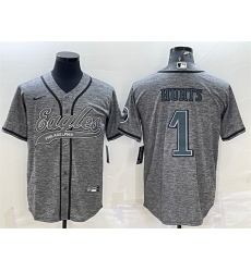 Men Philadelphia Eagles 1 Jalen Hurts Grey With Patch Cool Base Stitched Baseball Jersey