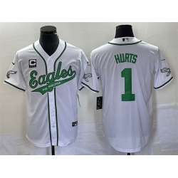Men Philadelphia Eagles 1 Jalen Hurts White With C Patch Cool Base Stitched Baseball Jersey