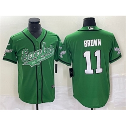 Men Philadelphia Eagles 11 A  J  Brown Green Cool Base Stitched Baseball Jersey