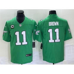Men Philadelphia Eagles 11 A  J  Brown Green With C Patch Stitched Football Jersey