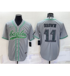 Men Philadelphia Eagles 11 A  J  Brown Grey With Patch Cool Base Stitched Baseball Jersey