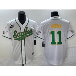 Men Philadelphia Eagles 11 A  J  Brown White Gold With C Patch Cool Base Stitched Baseball Jersey