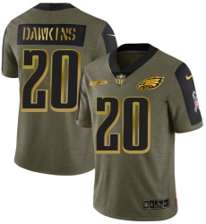 Men Philadelphia Eagles 20 Brian Dawkins 2021 Olive Camo Salute To Service Golden Limited Stitched Jersey