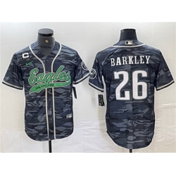 Men Philadelphia Eagles 26 Saquon Barkley Gray Camo With 3 star C Patch Cool Base Baseball Stitched Jersey