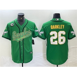 Men Philadelphia Eagles 26 Saquon Barkley Green Gold With 3 star C Patch Cool Base Baseball Stitched Jersey