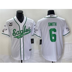 Men Philadelphia Eagles 6 DeVonta Smith White With C Patch Cool Base Stitched Baseball Jersey