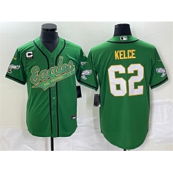 Men Philadelphia Eagles 62 Jason Kelce Green Gold With C Patch Cool Base Stitched Baseball Jersey