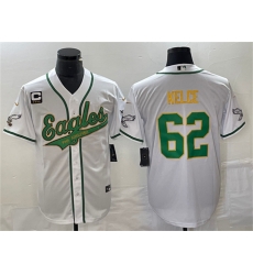 Men Philadelphia Eagles 62 Jason Kelce White Gold With C Patch Cool Base Stitched Baseball Jersey