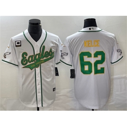 Men Philadelphia Eagles 62 Jason Kelce White Gold With C Patch Cool Base Stitched Baseball Jersey