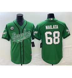 Men Philadelphia Eagles 68 Jordan Mailata Green With C Patch Cool Base Stitched Baseball Jersey