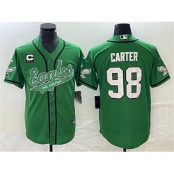 Men Philadelphia Eagles 98 Jalen Carter Green With C Patch Cool Base Stitched Baseball Jersey