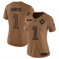Women Philadelphia Eagles 1 Jalen Hurts 2023 Brown Salute To Service Limited Stitched Football Jersey  Run Small
