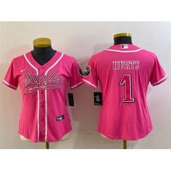 Women Philadelphia Eagles 1 Jalen Hurts Pink Cool Base Stitched Baseball Jersey  Run Small