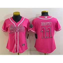 Women Philadelphia Eagles 11 A  J  Brown Pink With Patch Cool Base Stitched Baseball Jersey