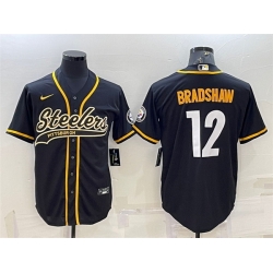 Men Pittsburgh Steelers 12 Terry Bradshaw Black With Patch Cool Base Stitched Baseball Jersey