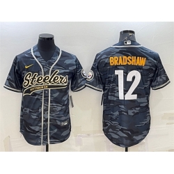 Men Pittsburgh Steelers 12 Terry Bradshaw Grey Navy Camo With Patch Cool Base Stitched Baseball Jersey