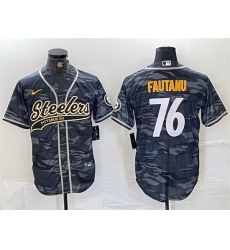 Men Pittsburgh Steelers 76 Troy Fautanu Grey Camo With Patch Cool Base Stitched Baseball Jersey