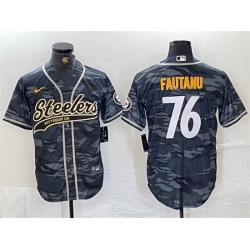 Men Pittsburgh Steelers 76 Troy Fautanu Grey Camo With Patch Cool Base Stitched Baseball Jersey