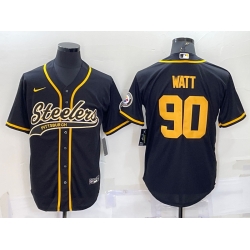 Men Pittsburgh Steelers 90 T J  Watt Black Gold With Patch Cool Base Stitched Baseball Jersey